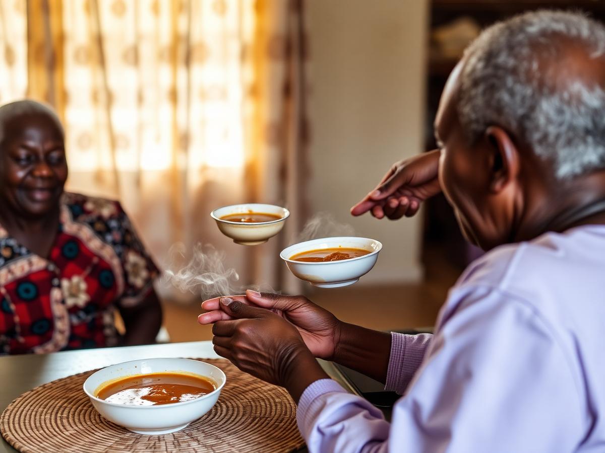 Caregiver serving a bowl of soup to an elderly client at home in Ghana