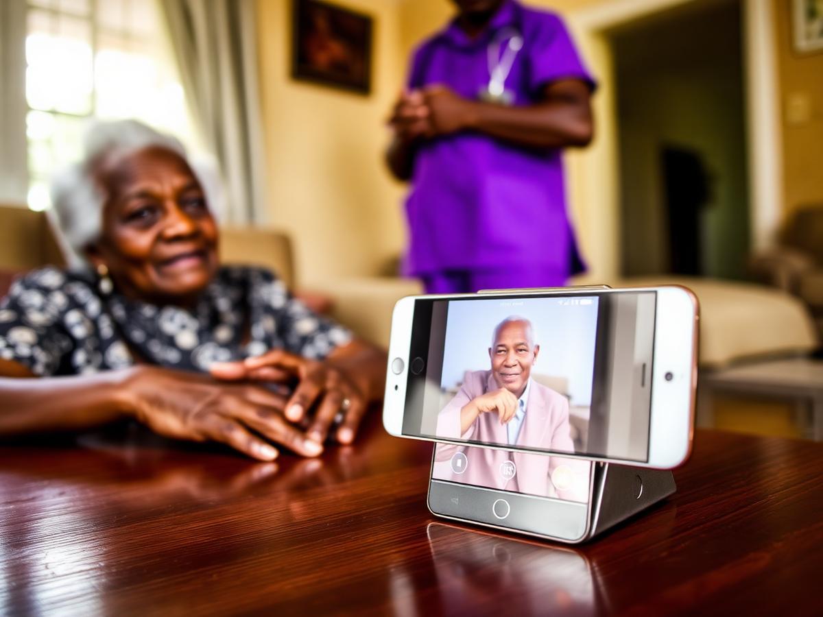 Video call on a phone beside an elderly parent and caregiver in Ghana